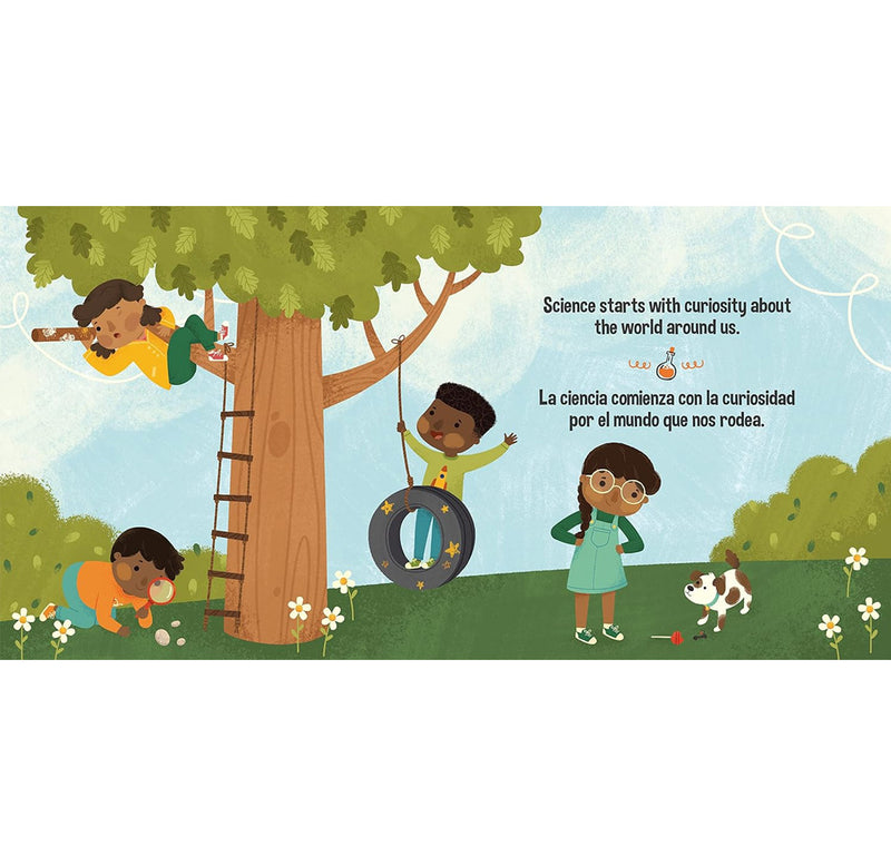 An open page of the book depicting a tree outside and four kids playing outdoors. There is English and spanish text on the page. 