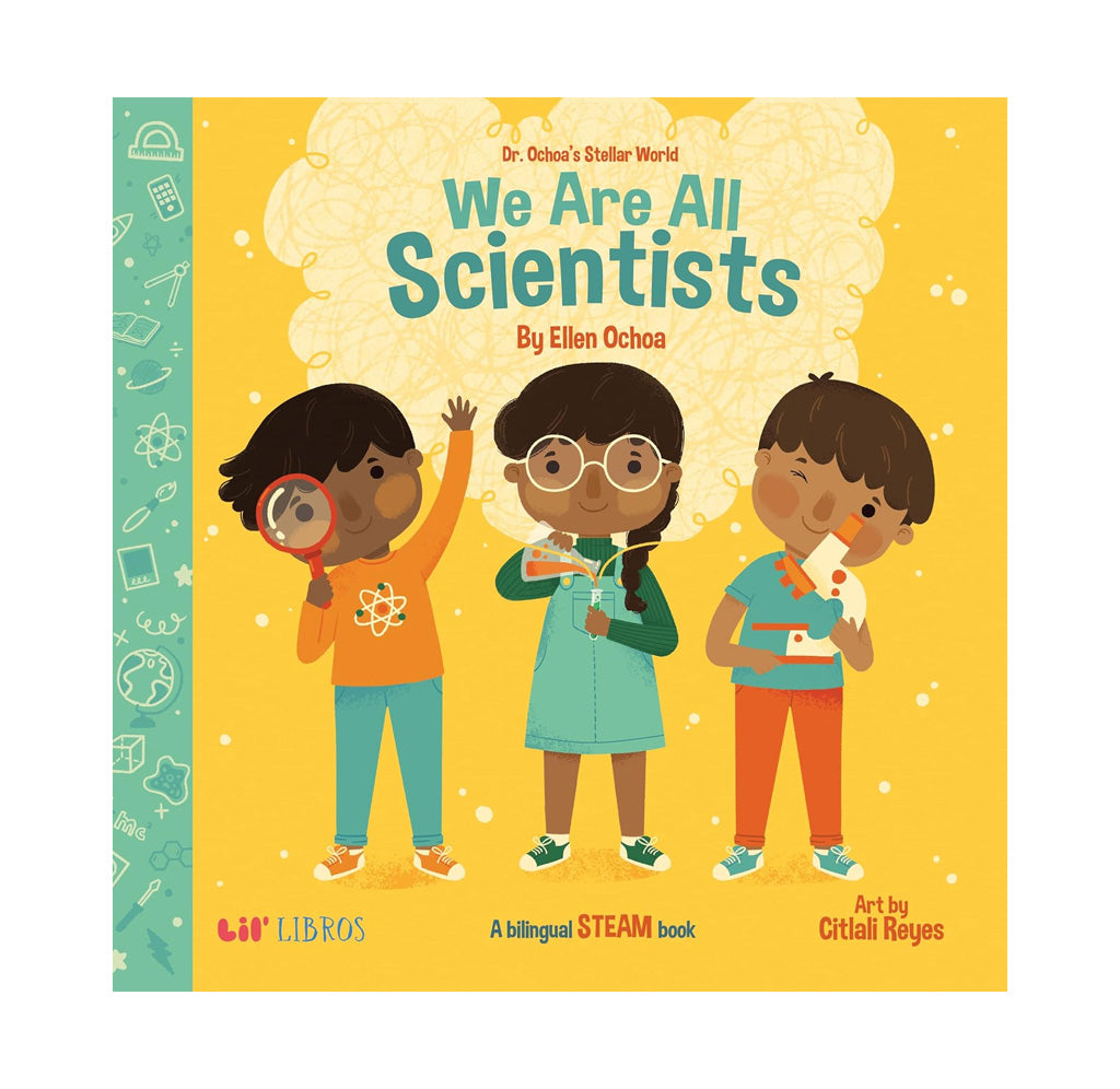 A yellow front cover with three children illustrated on the front cover. One is holding a magnifying glass, one is holding a beaker, and one is holding a microscope. 