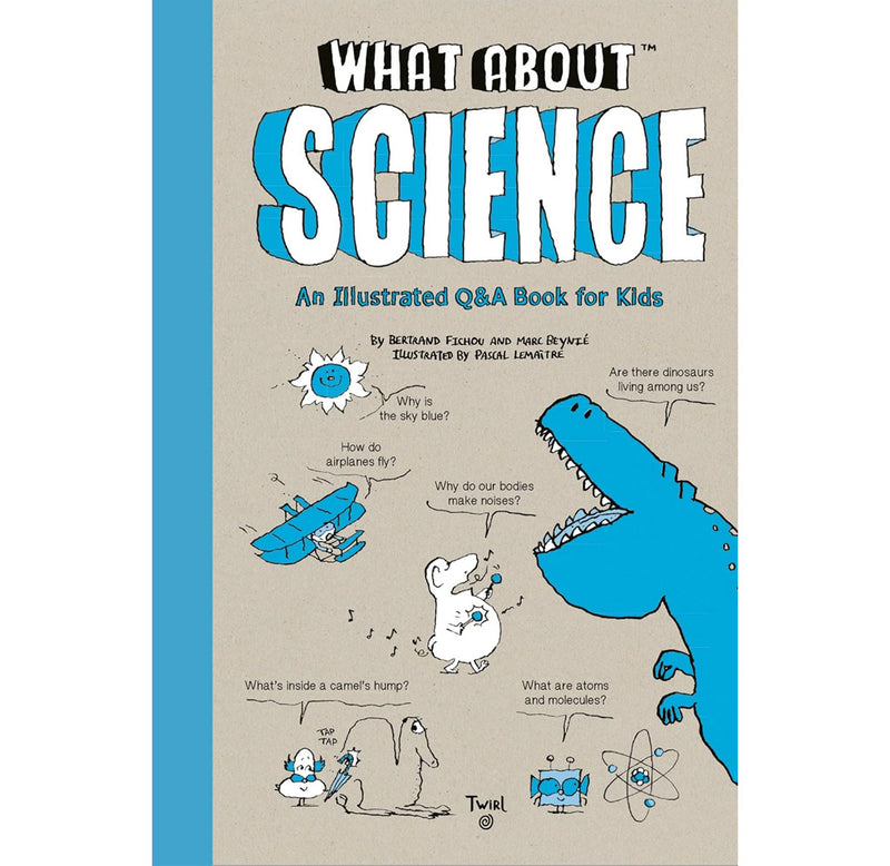 A brown colored book cover with blue color accents and drawings that include a t-rex, the sun, a plane, and a molecule. 